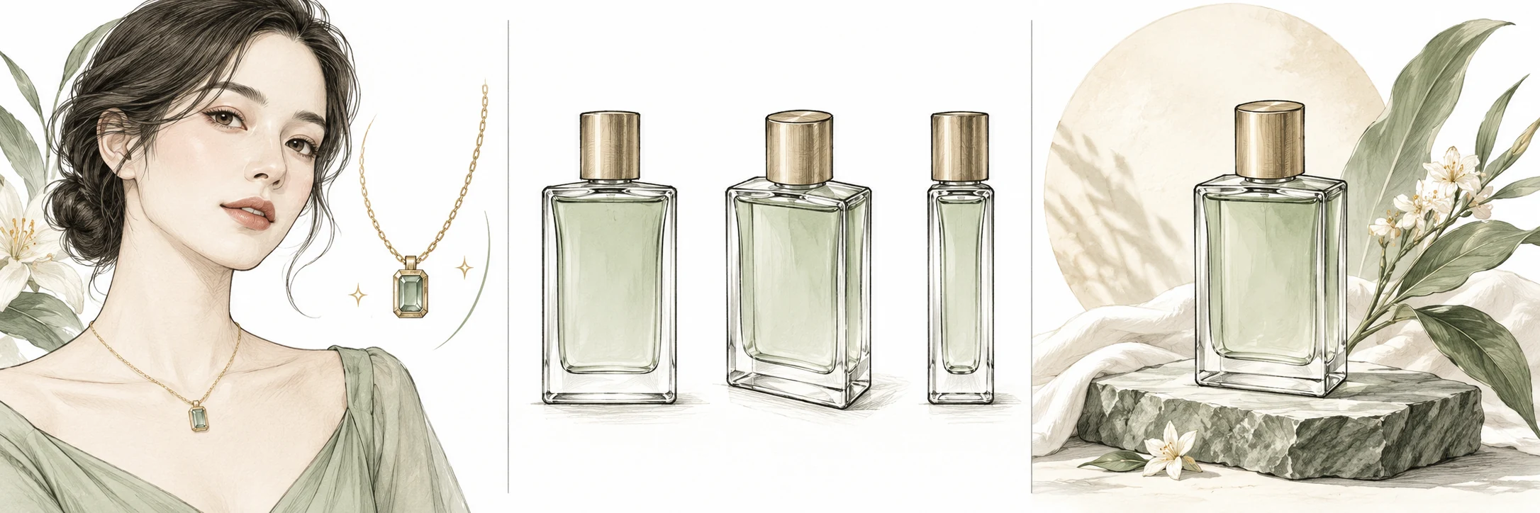 AI image examples showing a portrait, perfume product and creative scene