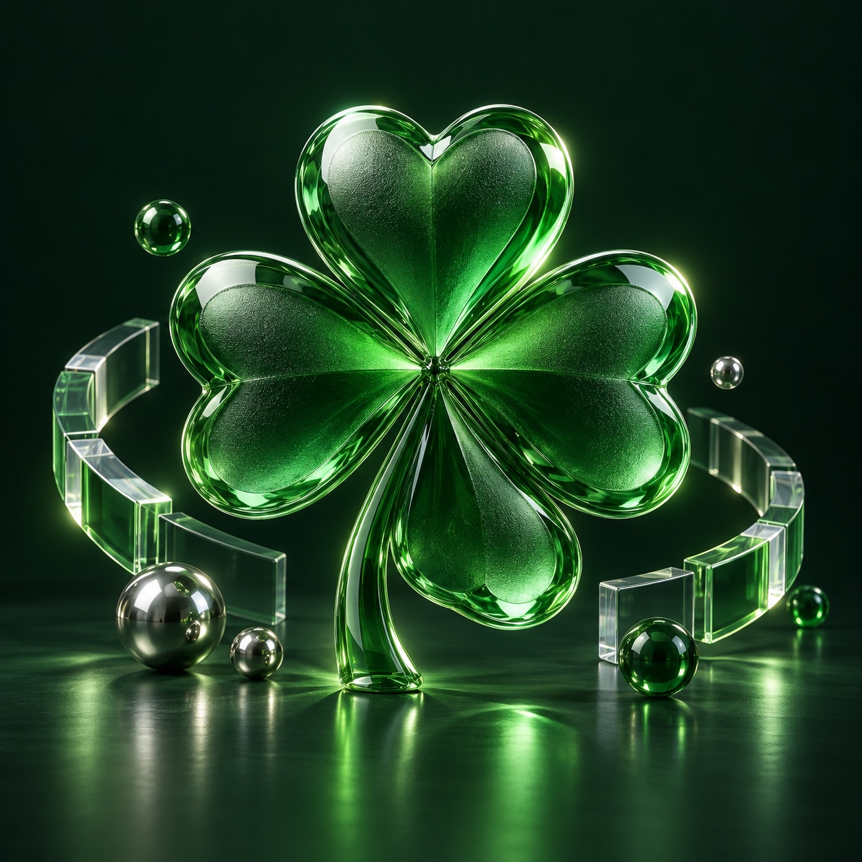 An emerald glass clover surrounded by connected glass forms, representing partnership and growth