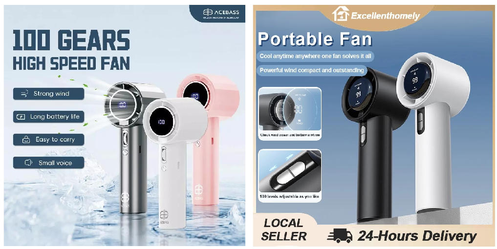 Product image design examples for a handheld fan, from Clover's service catalog